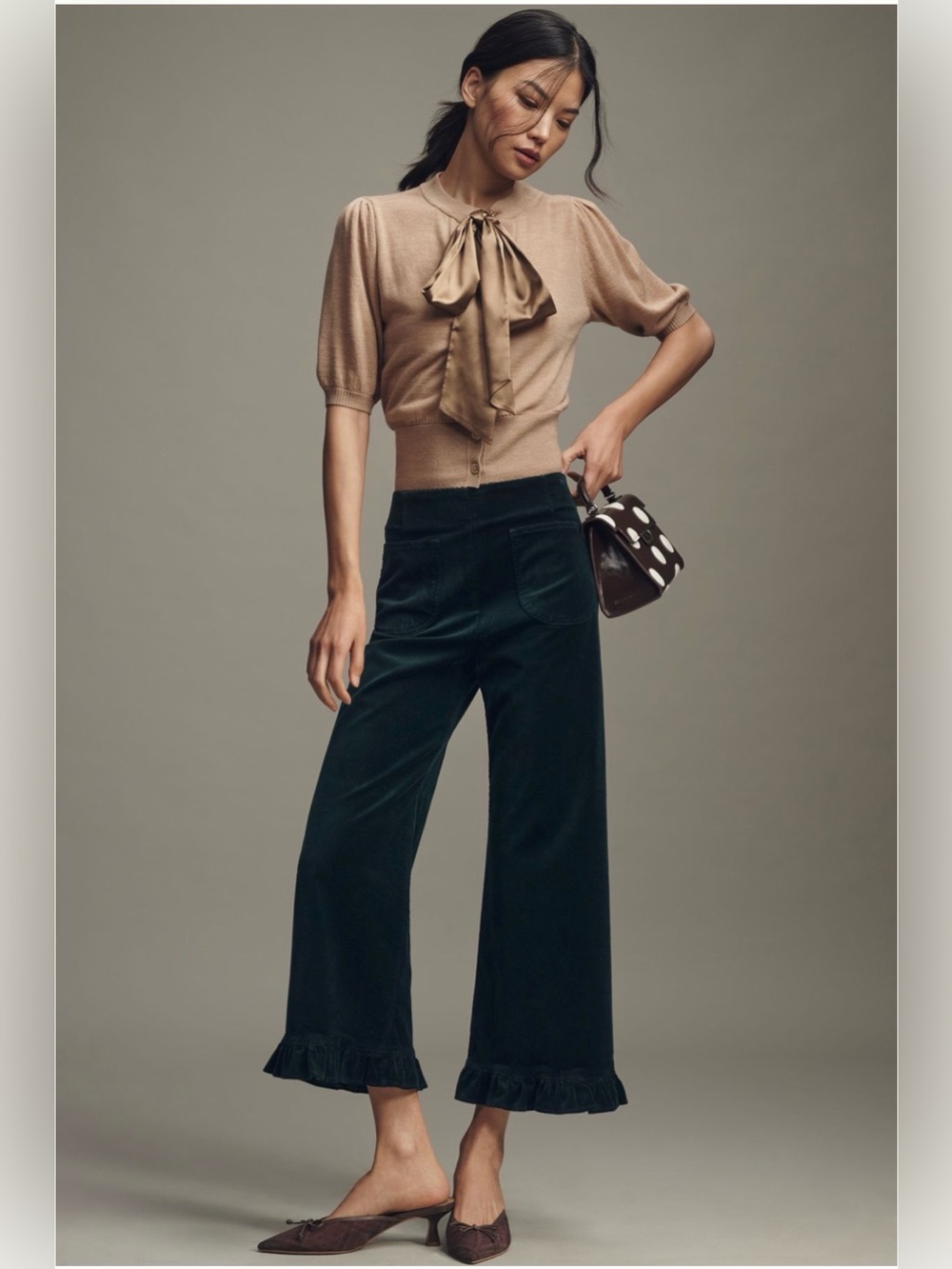 NWT Anthropologie The Colette Crop Velvet Ruffle-Hem Dark Hunter 31
